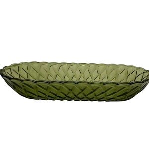 Vintage Avocado Green Rectangle Dish by Indiana Glass Basket Weave Pattern